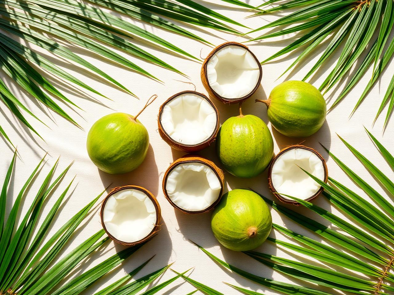 Fresh Jamaican jelly coconuts with palm leaves